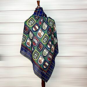 Ellen Tracy Silk Square Scarf Italian Cities Print Blue Green